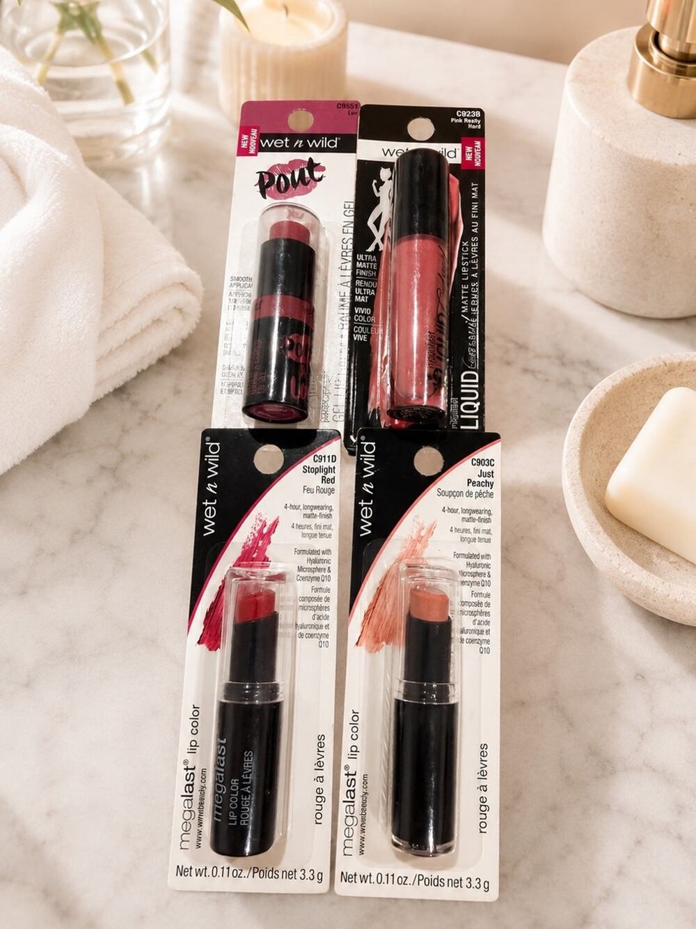 4- wet n wild- love Pink red Peach Lip cute Set Creamy Lipsticks Liquid Lipstick